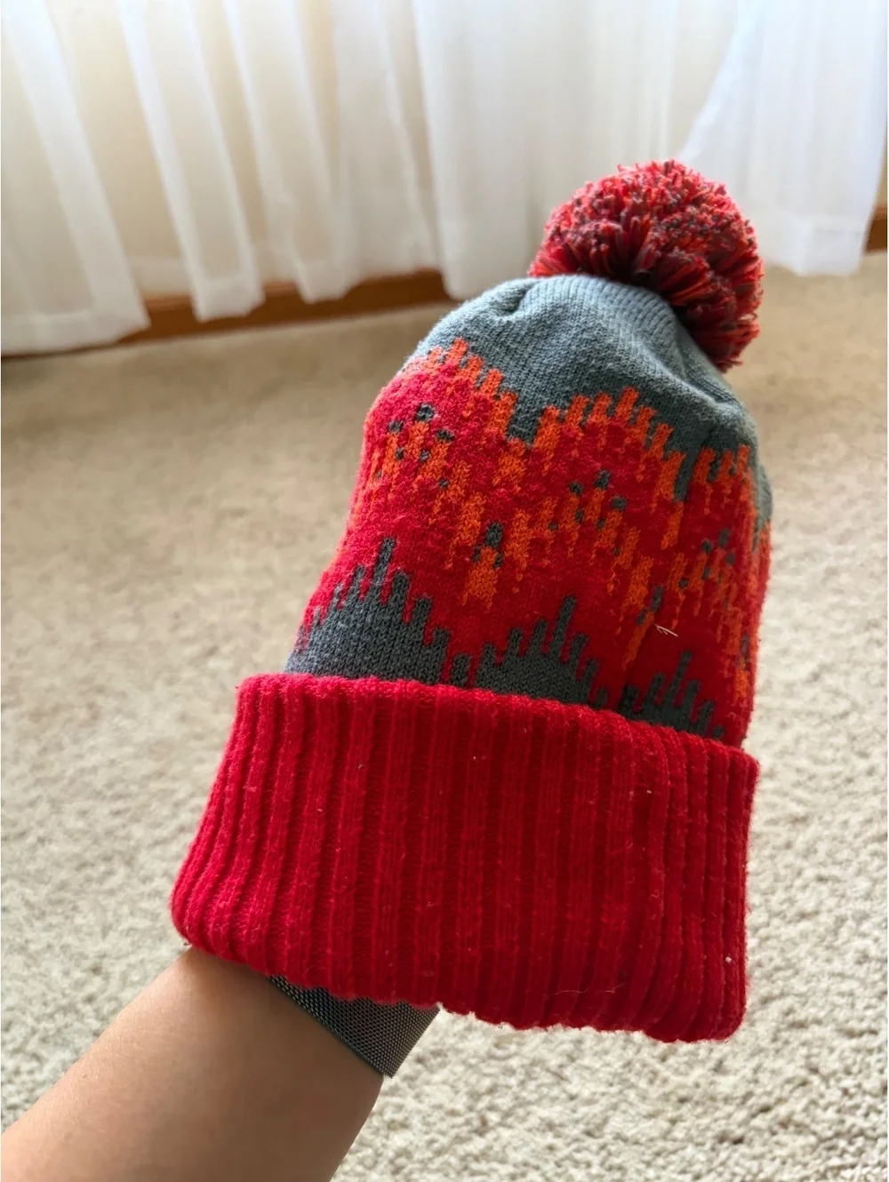 Patagonia Powder Town Beanie red grey orange ribbed cuff pom pom